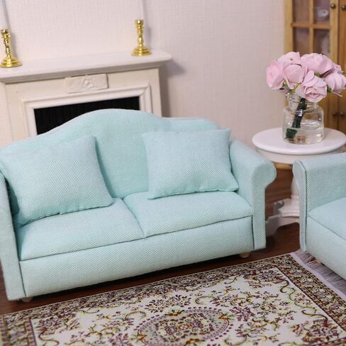 Dollhouse Couch Miniature Furniture Sofa with Pillows for Living Room Desktop Decoration Fabric Sofa Mini Home Scene Accessories Ornament (Double Sofa, White) in Kuwait