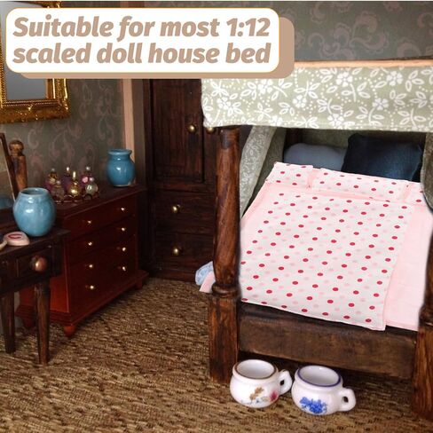 طقم سرير ibasenice Dollhouse مكون من 5 قطع مع وسائد لحاف وبطانية بمقياس 1/12 وإكسسوارات غرفة النوم الواقعية وإكسسوارات السرير المصغرة in Saudi Arabia