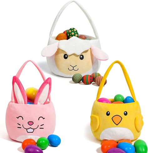 JOYIN 3 Plush Easter Baskets 12.8"x8.7" Cute Bunny & Chicken & Sheep Basket with Handles for Baby Kids Easter Egg Hunting, Party Supplies, Decorations, Gifts in Saudi Arabia