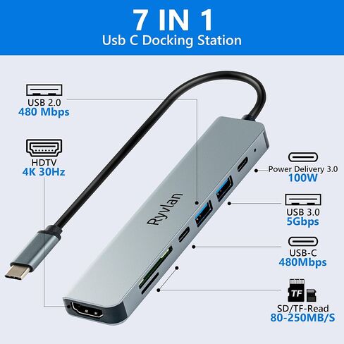 Ryvlan 8-in-1 Port USB-C Hub (with USB-A Adapter)- USB C to HDMI Adapter (4K) - USB-C Multiport Adapter - USB C Splitter - USB-C Dock Station for Type C Devices - 100W Fast Charging Hub Adapter in Saudi Arabia