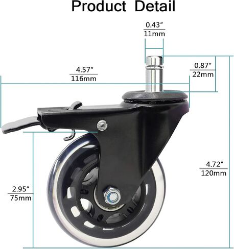 Dr.Luck 3" Office Chair Caster Wheels w/Dual Lock Metal Brake (Set of 5) - Heavy Duty & Safe for All Floors Including Hardwood w/Universal Fit 440 Lbs Total Capacity in Saudi Arabia