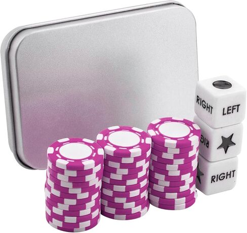 مجموعة ألعاب النرد في المنتصف من اليسار واليمين مع 3 نردات + 36 رقاقة بوكر أرجوانية وصندوق تخزين فضي in Kuwait