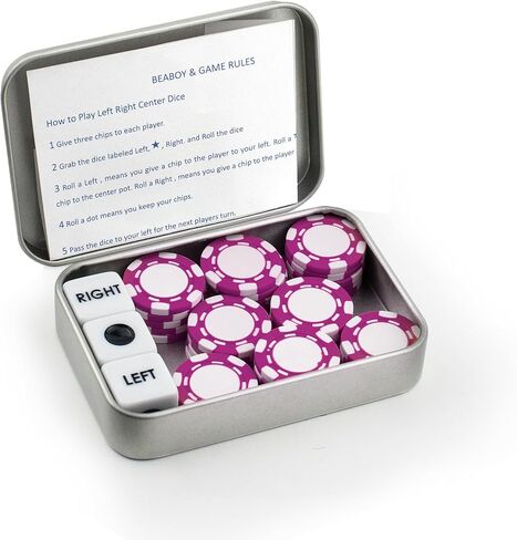 مجموعة ألعاب النرد في المنتصف من اليسار واليمين مع 3 نردات + 36 رقاقة بوكر أرجوانية وصندوق تخزين فضي in Kuwait