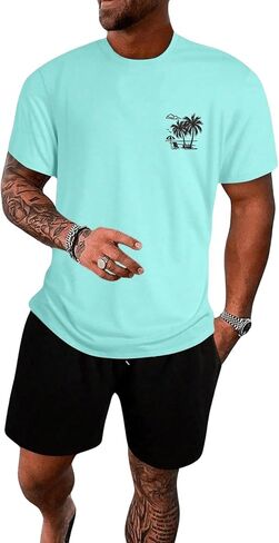 GORGLITTER Men's 2 Piece Outfits Graphic Printed Short Sleeve Tee Shirt Drawstring Waist Shorts Tracksuit Set in Saudi Arabia