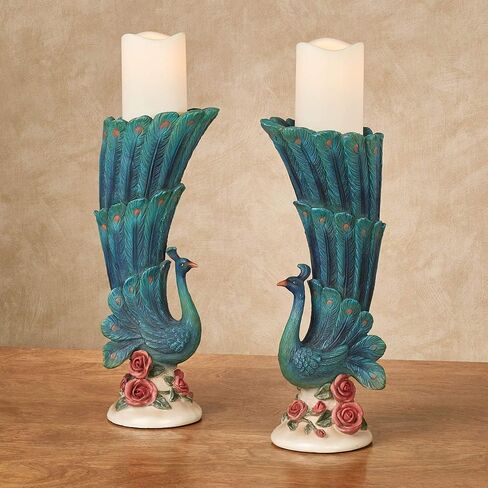 Peacock Garden Handpainted Candleholders Blue/Green 6.5" Wx5 Dx15 H Pair in Saudi Arabia