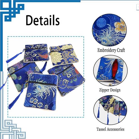 5PCS Jewelry Silk Purse Pouch, Brocade Jewelry Bag Zipper Silk Coin Purse, Chinese Style Embroidered Bag for Women Girls in Kuwait