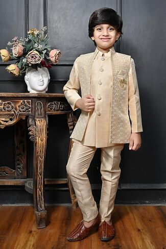 AHHAAAA Kids Ethnic Silk Blend Traditional Wear Bollywood Style Sherwani Waistcoat Kurta and Pyjama with Mala for Boys 526 in Saudi Arabia
