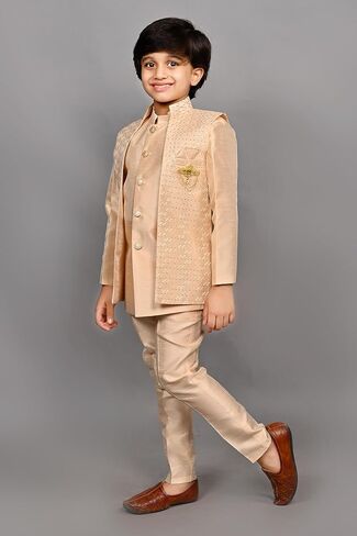 AHHAAAA Kids Ethnic Silk Blend Traditional Wear Bollywood Style Sherwani Waistcoat Kurta and Pyjama with Mala for Boys 526 in Saudi Arabia