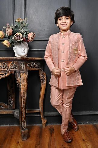 AHHAAAA Kids Ethnic Silk Blend Traditional Wear Bollywood Style Sherwani Waistcoat Kurta and Pyjama with Mala for Boys 526 in Saudi Arabia