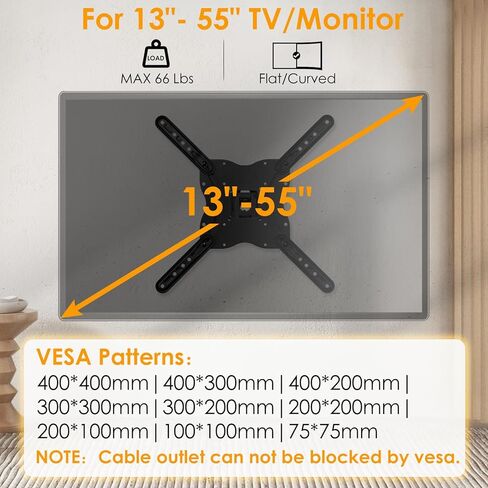 حامل شاشة تلفزيون صغير من SweeEase مقاس 13 إلى 55 بوصة، حامل تلفزيون قابل للإمالة دوارة لمنحنى مسطح بحد أقصى 66 رطل بحد أقصى VESA 400x400 مم، حامل شاشة قابل للتمديد يناسب حامل جدار التلفزيون in Kuwait