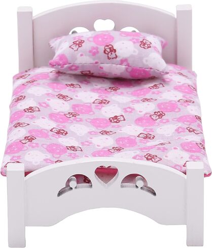Dollhouse Furniture Mini Kid’s Bed Set, Realistic Bedroom Accessories for 6 inch Dolls, Pink Bedding, White Wood, 1/12 Scale in Kuwait