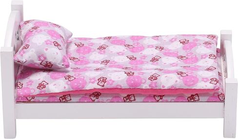 Dollhouse Furniture Mini Kid’s Bed Set, Realistic Bedroom Accessories for 6 inch Dolls, Pink Bedding, White Wood, 1/12 Scale in Kuwait