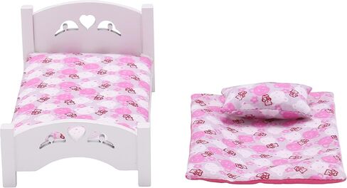 Dollhouse Furniture Mini Kid’s Bed Set, Realistic Bedroom Accessories for 6 inch Dolls, Pink Bedding, White Wood, 1/12 Scale in Kuwait