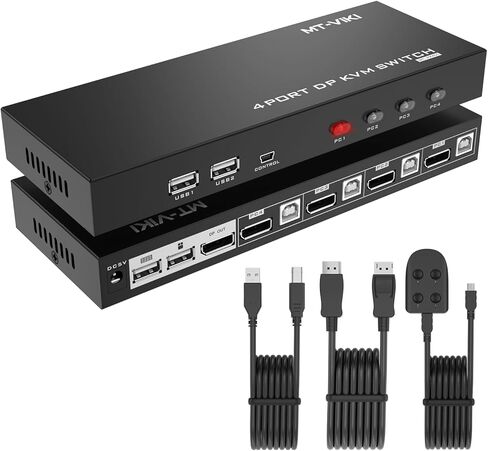 MT-VIKI KVM Switch DisplayPort 4 Port (أحدث إصدار)، 4 في 1 خارج UHD 4K@60 هرتز DP KVM Switcher لـ 4 أجهزة كمبيوتر مشاركة 1 شاشة ولوحة مفاتيح وماوس، مفتاح التشغيل السريع/الزر/سطح المكتب، مع 4 حزم كابلات DP in Kuwait