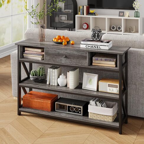 Mexin 47 Inch Console Sofa Table with Drawer, Industrial Entryway Table with Storage Shelves, Storage Organizer for Hallway Living Room Couch Foyer Kitchen Counter, Grey Oak in Saudi Arabia