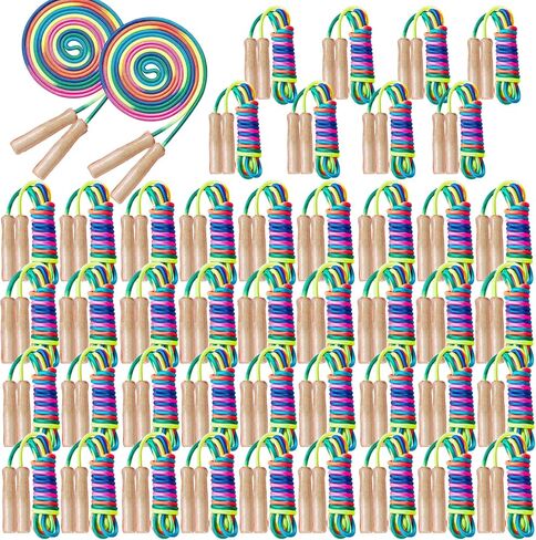 PullCrease 48 Pcs 8.53 ft Adjustable Jump Rope for Kids Rainbow Cotton Jump Rope Bulk Kids Skipping Rope with Wooden Handles Toddler Jumping Rope for Boys Girls Students Preschooler Outdoor Exercise in Saudi Arabia