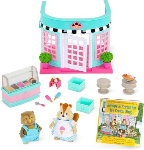 Li’l Woodzeez – Scoops & Sprinkles Ice Cream Shop – 21Pcs Dollhouse Playset – 2 Posable Doll Figures & 1 Storybook Included – Miniature Food & Accessories – Stackable Playset for Kids 3+ in Saudi Arabia