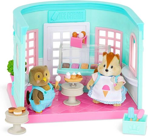 Li’l Woodzeez – Scoops & Sprinkles Ice Cream Shop – 21Pcs Dollhouse Playset – 2 Posable Doll Figures & 1 Storybook Included – Miniature Food & Accessories – Stackable Playset for Kids 3+ in Saudi Arabia