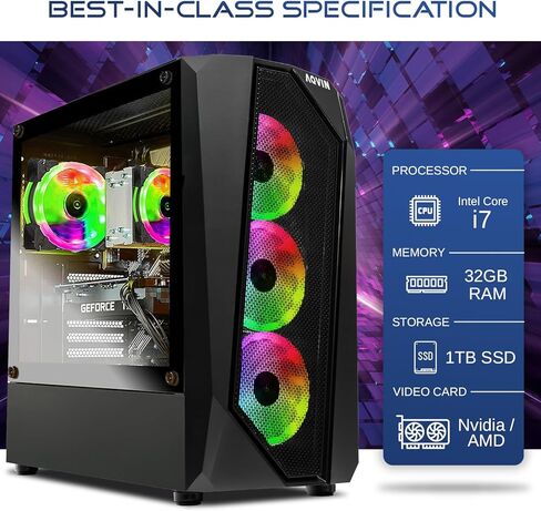 سطح المكتب للألعاب AQVIN AQ50 - بطاقة رسومات Radeon RX 580 بسعة 8 جيجابايت، ومعالج Intel i7 حتى 3.50 جيجاهرتز، و1 تيرابايت SSD و32 جيجابايت من ذاكرة الوصول العشوائي DDR4، وHDMI، ونظام التشغيل Windows 10 Pro - أسود in Kuwait