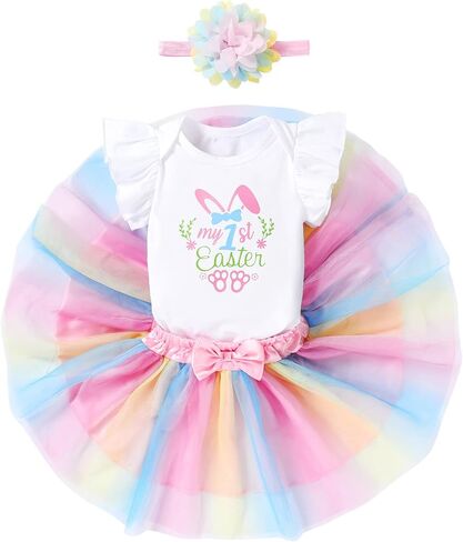 YOUNGER TREE Baby Girl Easter Outfit My First Easter Baby Girl Outfit Ruffled Romper Easter Shirt Short Sleeve Tutu Dress in Saudi Arabia