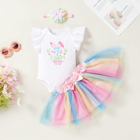 YOUNGER TREE Baby Girl Easter Outfit My First Easter Baby Girl Outfit Ruffled Romper Easter Shirt Short Sleeve Tutu Dress in Saudi Arabia