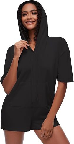 Cakulo Women's Summer Romper Shorts Jumpsuit Hooded Short Sleeve Tshirt Romper Casual Outfits with Pockets in Saudi Arabia