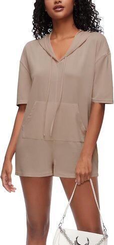 Cakulo Women's Summer Romper Shorts Jumpsuit Hooded Short Sleeve Tshirt Romper Casual Outfits with Pockets in Saudi Arabia