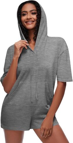 Cakulo Women's Summer Romper Shorts Jumpsuit Hooded Short Sleeve Tshirt Romper Casual Outfits with Pockets in Saudi Arabia