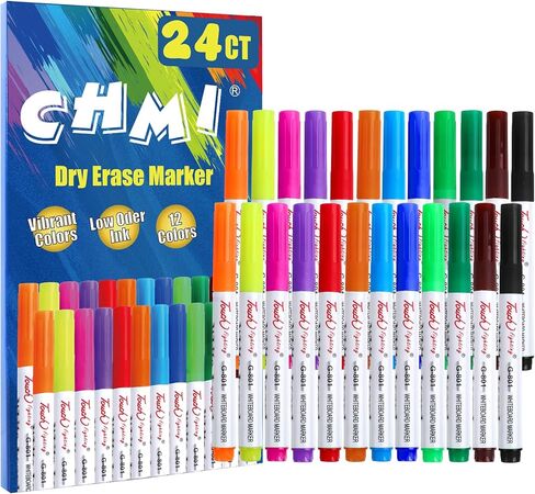 أقلام مسح جافة ذات رائحة منخفضة من CHMI، 12 لونًا (24 قطعة) أقلام تحديد للسبورة البيضاء، رأس رفيع، مثالية للكتابة على السبورات البيضاء، وألواح المسح الجاف، والتقويم، والثلاجات، والنوافذ والزجاج. in Kuwait