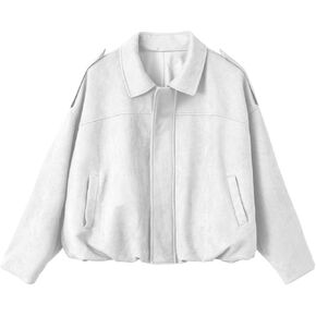 EVALESS Womens Faux Suede Bomber Jackets Long Sleeve Fall Coats Zip Up Cropped Jacket Trendy Winter Warm Outerwear in Kuwait