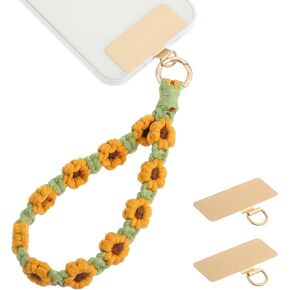 Bememo Sunflower Phone Wrist Strap Boho Macrame Wristlet Cute Cell Phone Lanyard with 2 Gold Tether Tabs Spacers Handmade Gifts for Women in Saudi Arabia