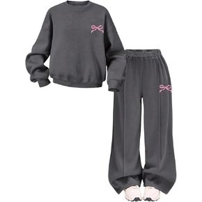 SOLY HUX Toddler Girl's 2 Piece Outfits Fall Clothes Bow Graphic Crewneck Sweatshirt and Pants Clothing Set Dark Grey Bow 7Y in Kuwait