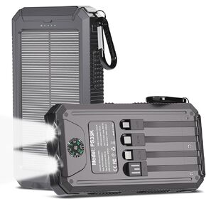 شاحن بالطاقة الشمسية بقدرة 20,000 مللي أمبير في الساعة، بنك طاقة محمول، 4 كابلات شاحن هاتف احتياطي خارجي مقاوم للماء مع USB-C للهواتف المحمولة، حزمة بطارية شمسية مع مصباح يدوي مزدوج للتخييم in Kuwait