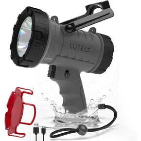 LUTEC 2 حزمة مصباح كشاف قابل لإعادة الشحن 90,000 لوكس فائق السطوع، IP67 مقاوم للماء قابل لإعادة الشحن، محمول مع 4 أوضاع بحث مع حامل قابل للطي وفلتر الضوء الأحمر (برتقالي) in Kuwait