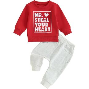 Toddler Baby Boy Valentine's Day Outfits Letter Print Long Sleeve Crew Neck Sweatshirt Elastic Waist Pants 2Pcs Set in Kuwait