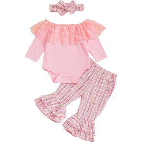 SHIBAOZI Baby Girl 3Pieces Clothes Set Lace Collar Ribbed Romper Tweed Plaid Flared Pants Headband in Saudi Arabia
