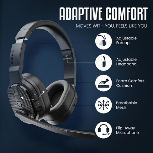 Philips Trucker Bluetooth Headset, Wireless Headset with Noise-Canceling Microphone, 2-in-One Convertible Mono & Stereo Design Headphones, All Day Extended Playtime for Work, Home, Hands-Free Driving in Saudi Arabia