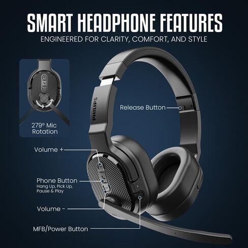 Philips Trucker Bluetooth Headset, Wireless Headset with Noise-Canceling Microphone, 2-in-One Convertible Mono & Stereo Design Headphones, All Day Extended Playtime for Work, Home, Hands-Free Driving in Saudi Arabia