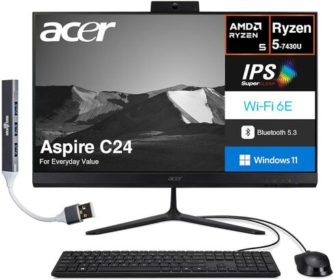 acer Aspire C24 Everyday Value All-in-One 23.8" IPS FHD Display (AMD Ryzen 5 7430U, 16GB DDR4, 1TB PCIe SSD, AMD Radeon, WiFi 6E, Webcam, Bluetooth 5.3, Win 11 Home) w/DKZ USB Port Expander in Saudi Arabia