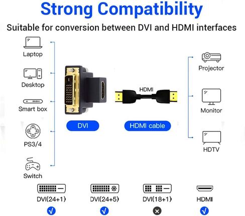 chenyang 2 حزمة محول HDMI إلى DVI، DVI ذكر إلى HDMI أنثى 90 درجة زاوية مطلية بالذهب محول ثنائي الاتجاه للتلفزيون والشاشة والكمبيوتر in Saudi Arabia