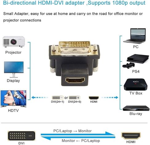 chenyang 2 حزمة محول HDMI إلى DVI، DVI ذكر إلى HDMI أنثى 90 درجة زاوية مطلية بالذهب محول ثنائي الاتجاه للتلفزيون والشاشة والكمبيوتر in Saudi Arabia