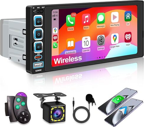 6.9 بوصة ستيريو سيارة أحادي الدين لاسلكي Apple CarPlay، شاشة لمس IPS 1280 * 480، بلوتوث السيارة 5.2، راديو FM للسيارة، أجهزة استقبال صوت السيارة، كاميرا احتياطية للرؤية الليلية، Android Auto، USB Type-c in Kuwait