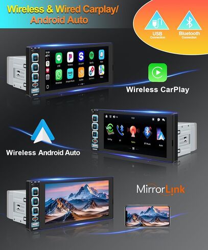 6.9 بوصة ستيريو سيارة أحادي الدين لاسلكي Apple CarPlay، شاشة لمس IPS 1280 * 480، بلوتوث السيارة 5.2، راديو FM للسيارة، أجهزة استقبال صوت السيارة، كاميرا احتياطية للرؤية الليلية، Android Auto، USB Type-c in Kuwait