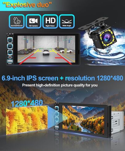 6.9 بوصة ستيريو سيارة أحادي الدين لاسلكي Apple CarPlay، شاشة لمس IPS 1280 * 480، بلوتوث السيارة 5.2، راديو FM للسيارة، أجهزة استقبال صوت السيارة، كاميرا احتياطية للرؤية الليلية، Android Auto، USB Type-c in Kuwait