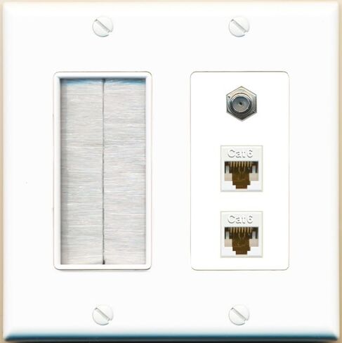 RiteAV - 2 Port Cat6 Ethernet 1 Coax Cable TV Wall Plate - Brush [White] in Saudi Arabia