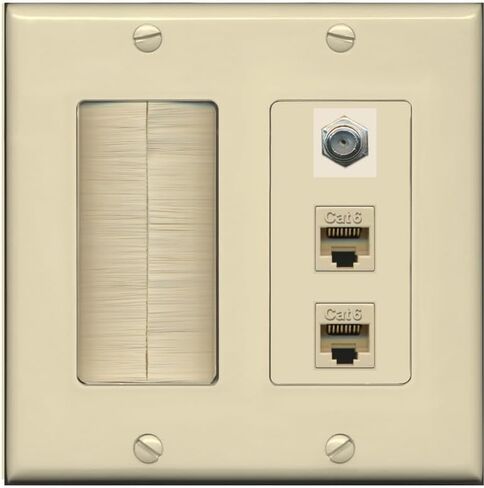 RiteAV - 2 Port Cat6 Ethernet 1 Coax Cable TV Wall Plate - Brush [White] in Saudi Arabia