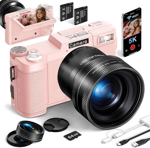FLATIC Digital Camera with WiFi, 5K 64MP Cameras for Photography with 180° Flip Screen, 18X Zoom Vlogging Camera with 64GB Card, Wide & Macro Lens, 2 Batteries, Card Reader, Digital Zoom-Pink in Saudi Arabia