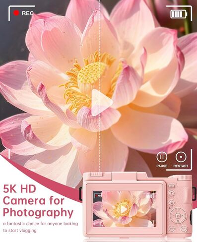 FLATIC Digital Camera with WiFi, 5K 64MP Cameras for Photography with 180° Flip Screen, 18X Zoom Vlogging Camera with 64GB Card, Wide & Macro Lens, 2 Batteries, Card Reader, Digital Zoom-Pink in Saudi Arabia