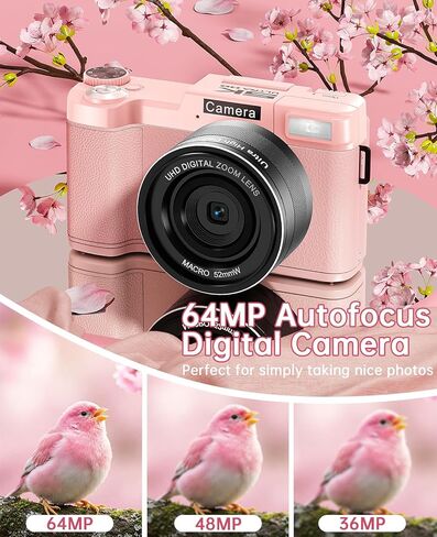 FLATIC Digital Camera with WiFi, 5K 64MP Cameras for Photography with 180° Flip Screen, 18X Zoom Vlogging Camera with 64GB Card, Wide & Macro Lens, 2 Batteries, Card Reader, Digital Zoom-Pink in Saudi Arabia