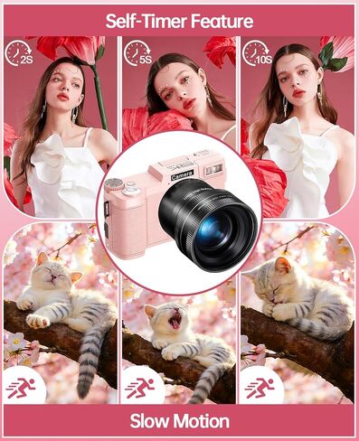FLATIC Digital Camera with WiFi, 5K 64MP Cameras for Photography with 180° Flip Screen, 18X Zoom Vlogging Camera with 64GB Card, Wide & Macro Lens, 2 Batteries, Card Reader, Digital Zoom-Pink in Saudi Arabia